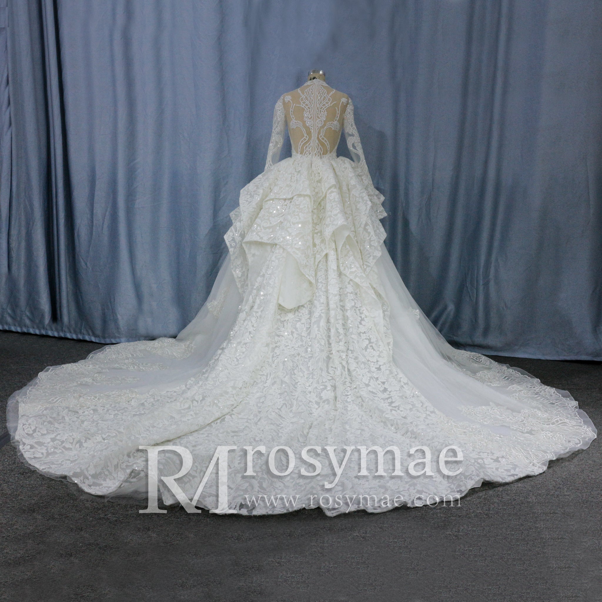 Lace Long Sleeves High Neck Ball Gown Wedding Dress - Rosymae