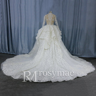 Lace Long Sleeves High Neck Ball Gown Wedding Dress - Rosymae