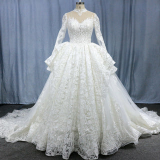 Lace Long Sleeves High Neck Ball Gown Wedding Dress - Rosymae