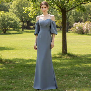 Lantern Half Sleeve Bridesmaid Dress with Spagetti Strap - Rosymae