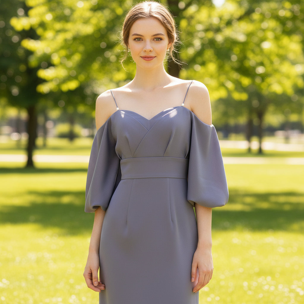 Lantern Half Sleeve Bridesmaid Dress with Spagetti Strap Rosymae Lantern Half Sleeve Bridesmaid Dress with Spagetti Strap Rosymae
