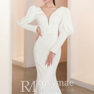Latern Long Sleeve Mermaid Wedding Dress with Deep V Neck
