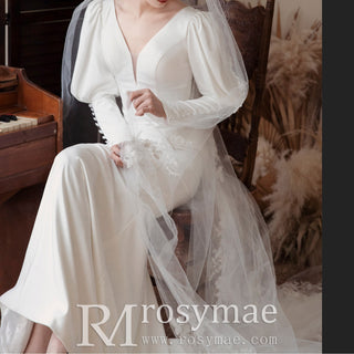 Latern Long Sleeve Mermaid Wedding Dress with Deep V Neck