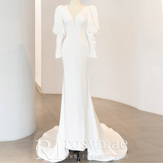 Latern Long Sleeve Mermaid Wedding Dress with Deep V Neck
