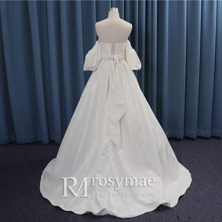 Off Shoulder Lantern Sleeve Satin Simple A-line Wedding Dress