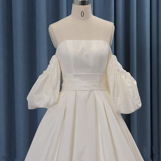 Off Shoulder Lantern Sleeve Satin Simple A-line Wedding Dress