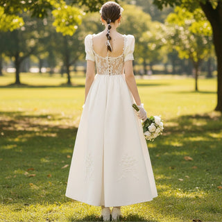 Lantern Short Sleeve Tea Length Wedding Dress with Square-neck - Rosymae