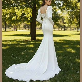 Latern Long Sleeve Mermaid Wedding Dress with Deep V Neck - Rosymae