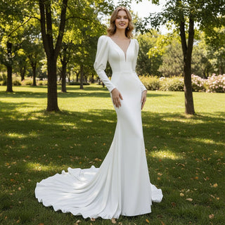 Latern Long Sleeve Mermaid Wedding Dress with Deep V Neck - Rosymae