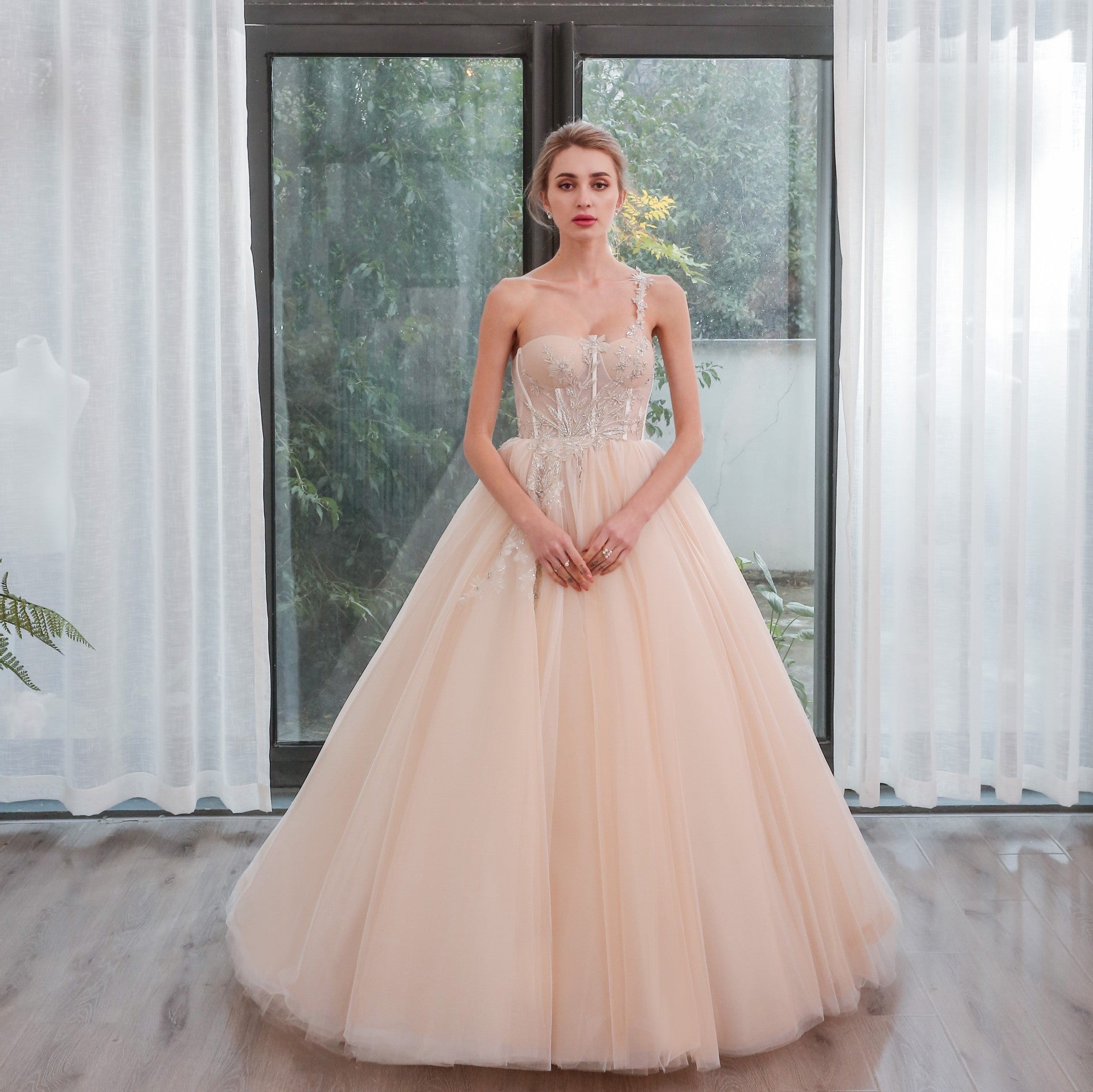 One Shoulder Applique Lace Puffy Skirt Bridal Wedding Dress Blush / 22W One Shoulder Applique Lace Puffy Skirt Bridal Wedding Dress Blush / 22W