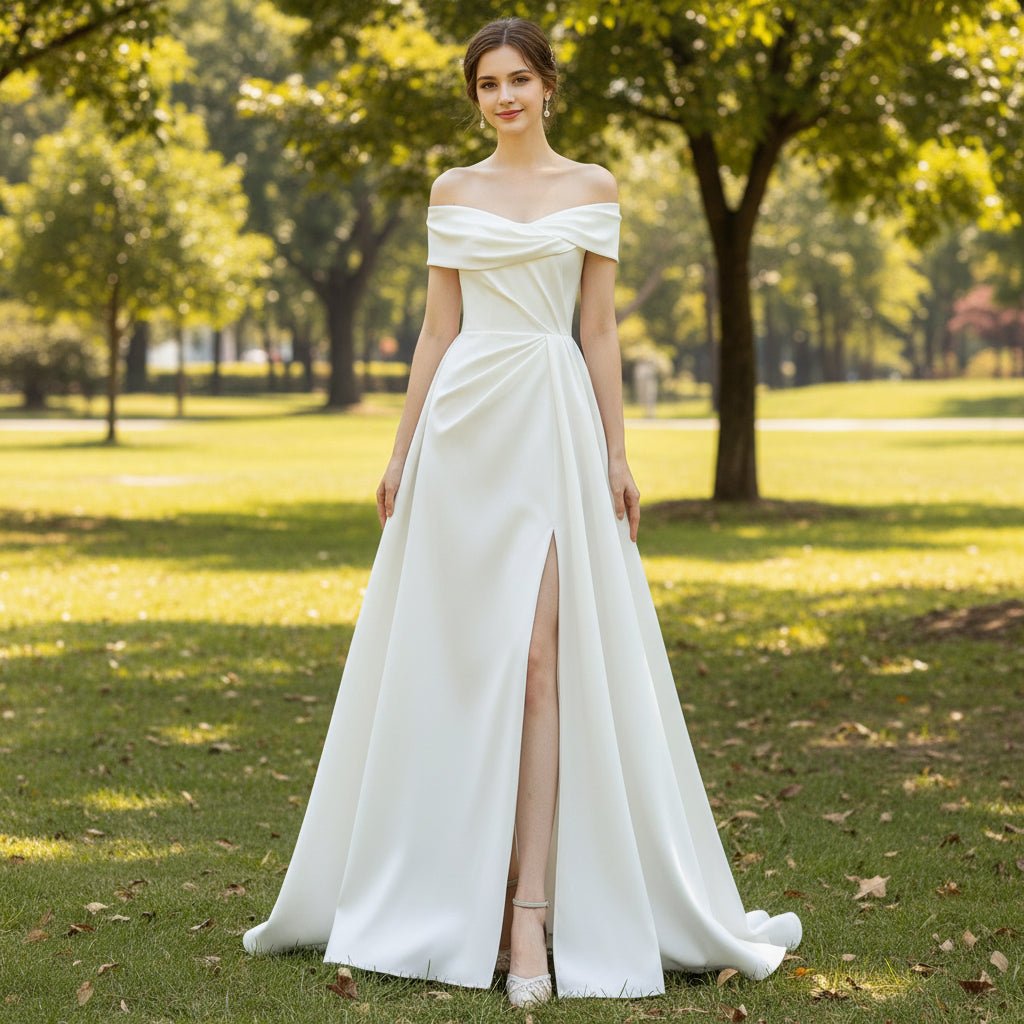 Leg Slit Satin Wedding Dress with Off the Shoulder Sleeve - Rosymae