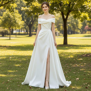 Leg Slit Satin Wedding Dress with Off the Shoulder Sleeve - Rosymae