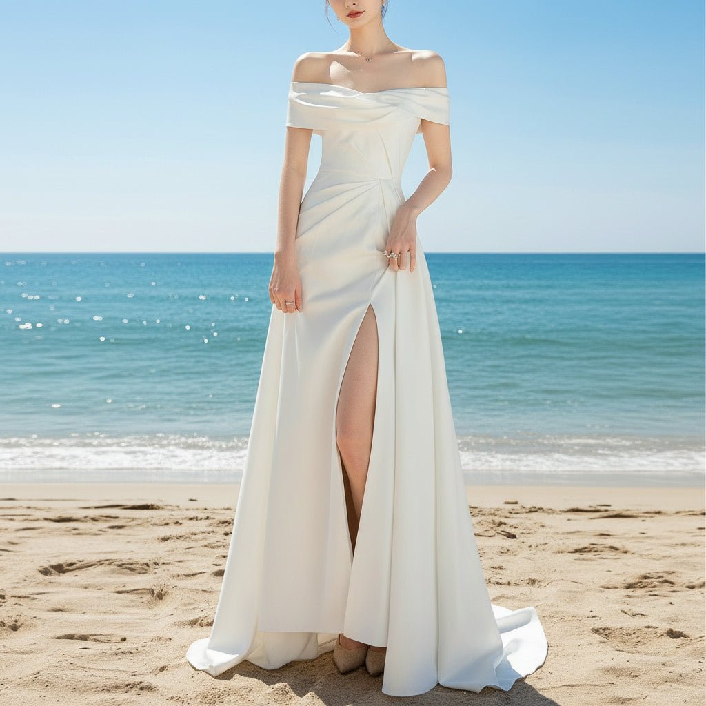 Leg Slit Satin Wedding Dress with Off the Shoulder Sleeve - Rosymae