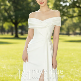 Leg Slit Satin Wedding Dress with Off the Shoulder Sleeve - Rosymae