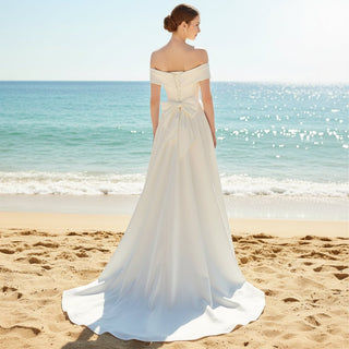 Leg Slit Satin Wedding Dress with Off the Shoulder Sleeve - Rosymae