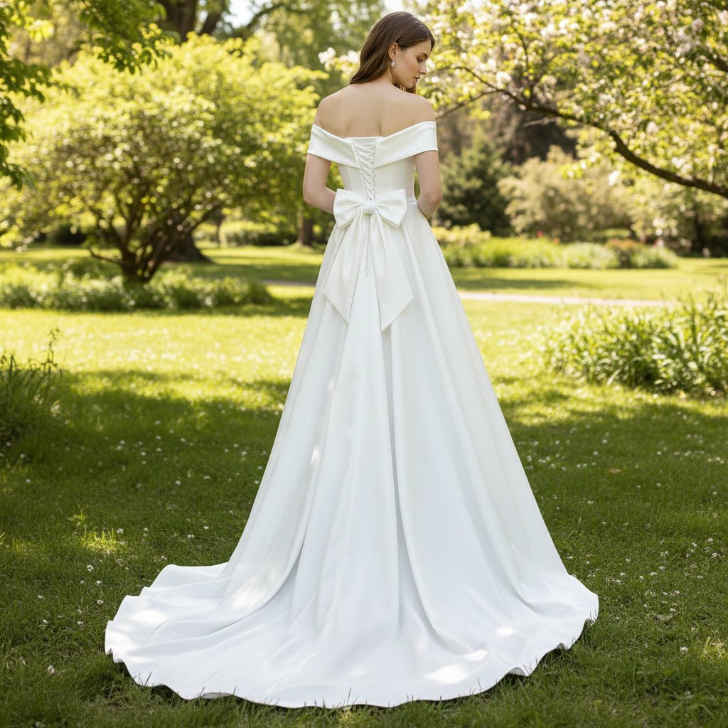 Leg Slit Satin Wedding Dress with Off the Shoulder Sleeve - Rosymae
