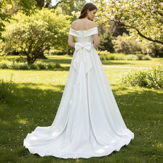 Leg Slit Satin Wedding Dress with Off the Shoulder Sleeve - Rosymae