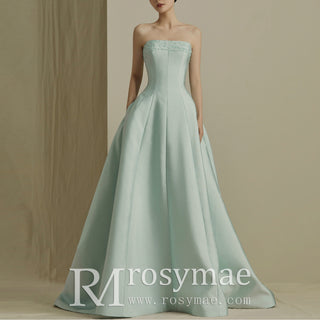 Light Green Strapless Satin A-line Bridal Wedding Dresses