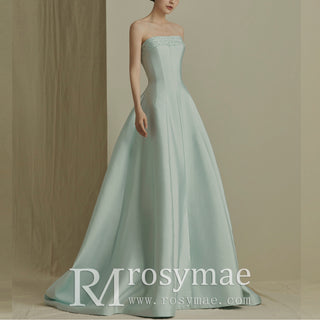 Light Green Strapless Satin A-line Bridal Wedding Dresses