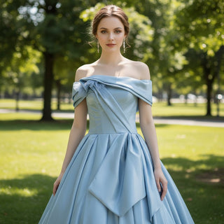 Light Steel Blue A Line Formal Dress Evening Gown with Off Shoulder - Rosymae