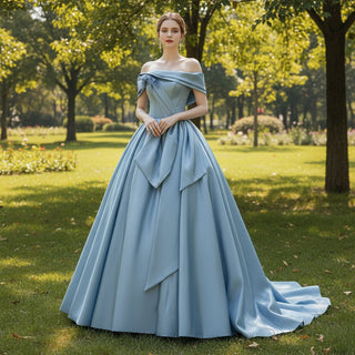 Light Steel Blue A Line Formal Dress Evening Gown with Off Shoulder - Rosymae