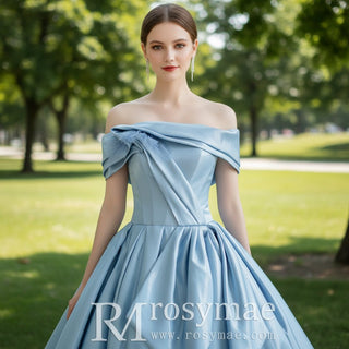 Light Steel Blue A Line Formal Dress Evening Gown with Off Shoulder - Rosymae