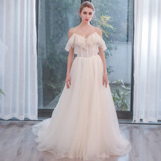 Lightweight Tulle A Line Skirt Wedding Dress with Spaghetti Straps - Rosymae