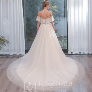 Lightweight Tulle A Line Skirt Wedding Dress with Spaghetti Straps - Rosymae
