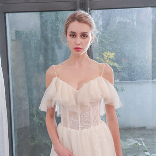 Lightweight Tulle A Line Skirt Wedding Dress with Spaghetti Straps - Rosymae