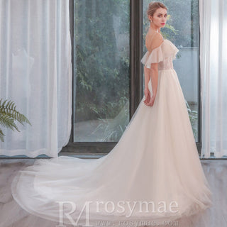 Lightweight Tulle A Line Skirt Wedding Dress with Spaghetti Straps - Rosymae