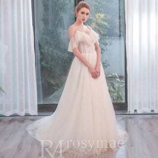 Lightweight Tulle A Line Skirt Wedding Dress with Spaghetti Straps - Rosymae