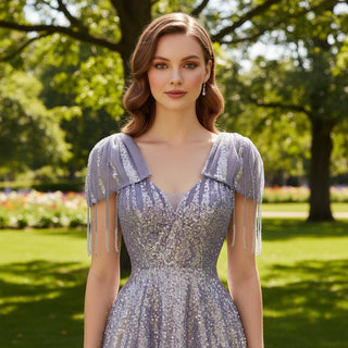 Lilac Sequin Formal Dress Prom Evening Party Gown with Capped Sleeve - Rosymae
