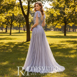 Lilac Sequin Formal Dress Prom Evening Party Gown with Capped Sleeve - Rosymae