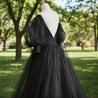 Little Black Bridal Gown Wedding Dress with Half and Puffy Sleeve - Rosymae