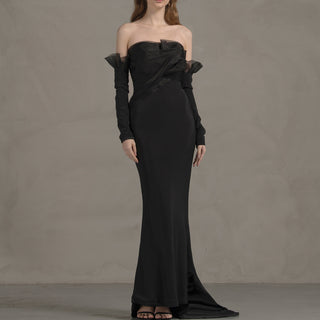 Asymmetrical Neck Black Mermaid Formal Dress Wedding Gown