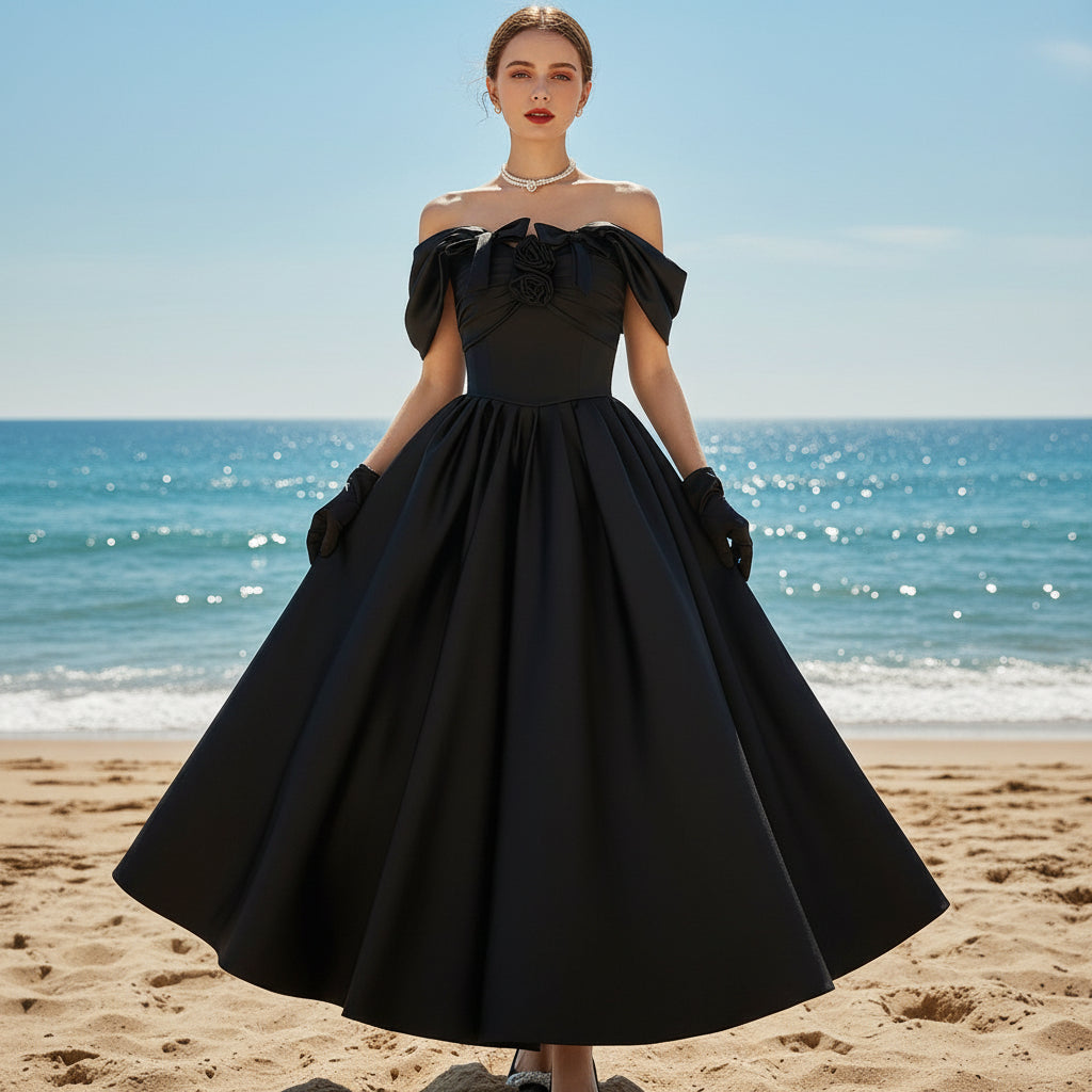 Off Shoulder Tea Length Little Black Wedding Dress Bridal Gown Rosymae Off Shoulder Tea Length Little Black Wedding Dress Bridal Gown Rosymae