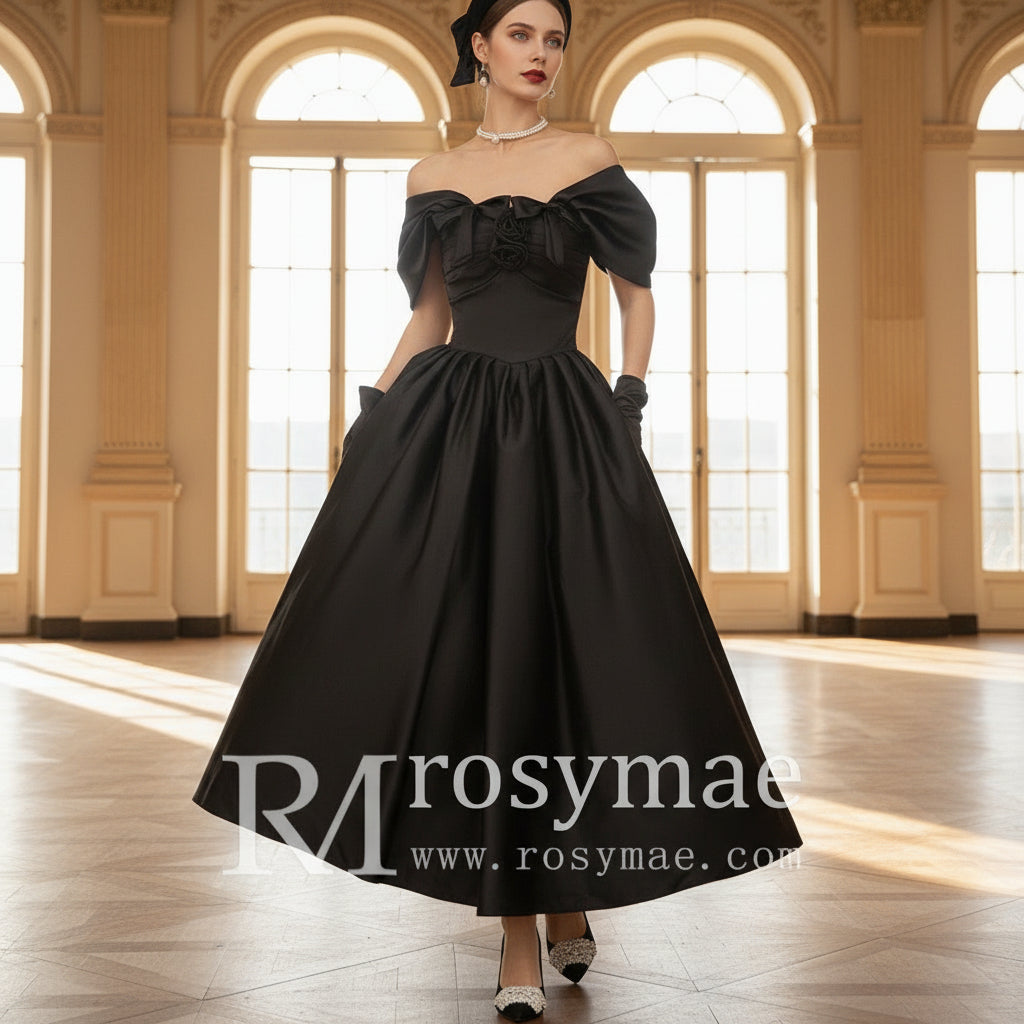 Off Shoulder Tea Length Little Black Wedding Dress Bridal Gown Black / 20W Off Shoulder Tea Length Little Black Wedding Dress Bridal Gown Black / 20W