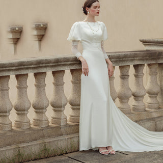 Soft Satin Fit and Flare Lantern Sleeve Empire Wedding Dress