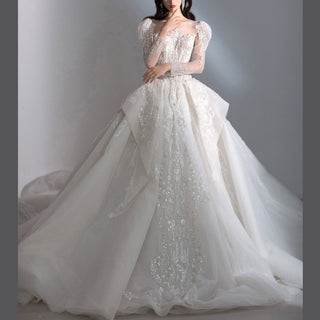 Lantern Long Sleeve Ball Gown Wedding Dress with Ruffle Skirt