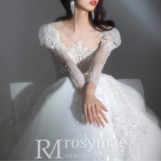 Lantern Long Sleeve Ball Gown Wedding Dress with Ruffle Skirt