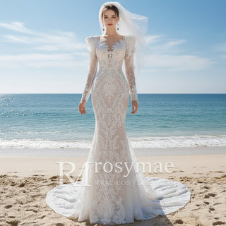 Long Puffy Sleeve Lace Mermaid Sheer Wedding Dress Bridal Gown - Rosymae