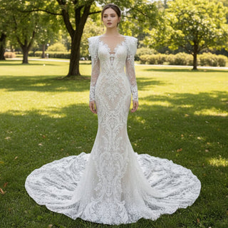 Long Puffy Sleeve Lace Mermaid Sheer Wedding Dress Bridal Gown - Rosymae