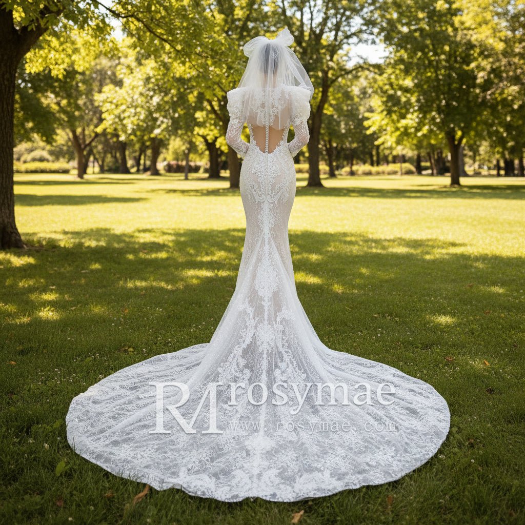 Long Puffy Sleeve Lace Mermaid Sheer Wedding Dress Bridal Gown - Rosymae