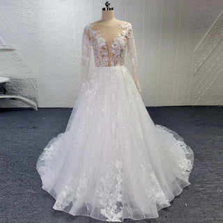 Sheer Bodice Long Sleeve A-Line Wedding Dress with Sparkly Tulle