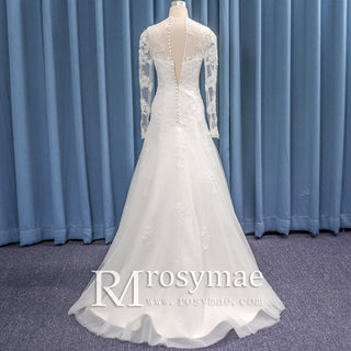Long Sleeve V neck Lace Tulle A-line Bridal Gown Wedding Dress