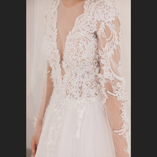 Sheer Long Sleeve A-line Wedding Dress with Deep V Neckline