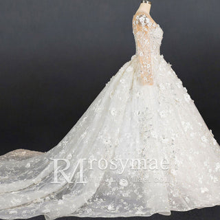 Long Sleeve Ball Gown Wedding Dress with Sheer Neckline - Rosymae