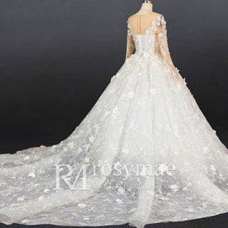 Long Sleeve Ball Gown Wedding Dress with Sheer Neckline - Rosymae