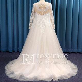 Sheer Long SLeeve Lace Tulle Plus Size Bridal Gown Wedding Dress