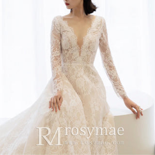 Long Sleeve Sexy Deep V Neck Lace Bridal Gown Wedding Dress